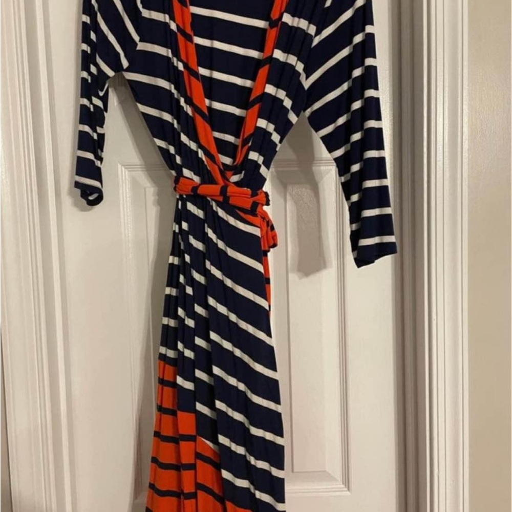 A Pea in the Pod Striped Navy and Orange maternity dress
